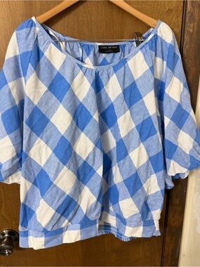 Lane Bryant 24 Linen Coastal Blosson Blue and White Gingham Peasant Crop Blouse